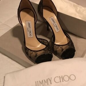 Jimmy Choo Black Luna Peep Toe Lace Pumps, Size 37 /US 7 Authentic